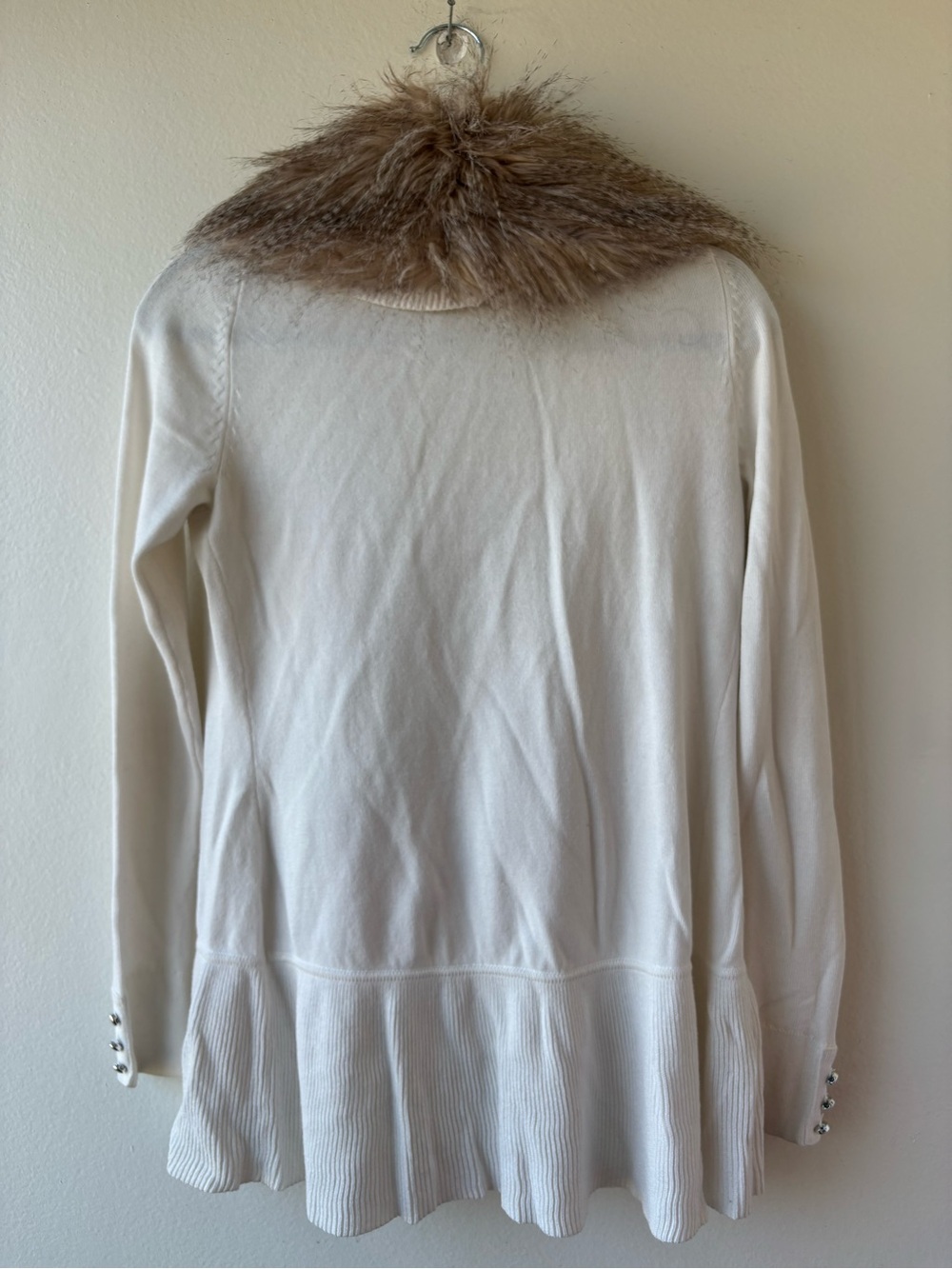 White House Black Market Cream Draped Cardigan with Faux-Fur Taupe Collar - Picture 2 of 5
